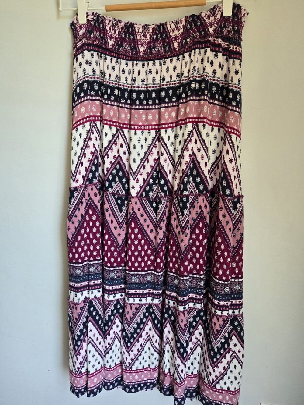 DENVER HAYES Boho Chevron Tiered Maxi Skirt in Pink and White